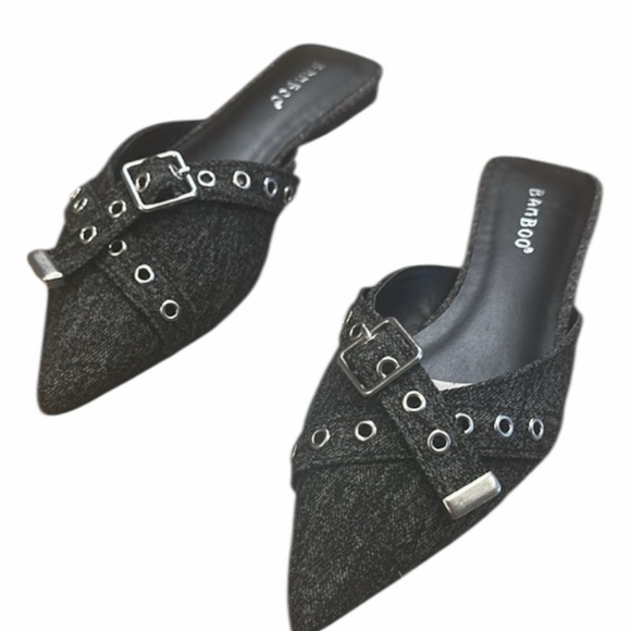 Bamboo Buckle Mule Size 6 Black Denim Slip On Flats Pointed Toe New With Box - Picture 4 of 11